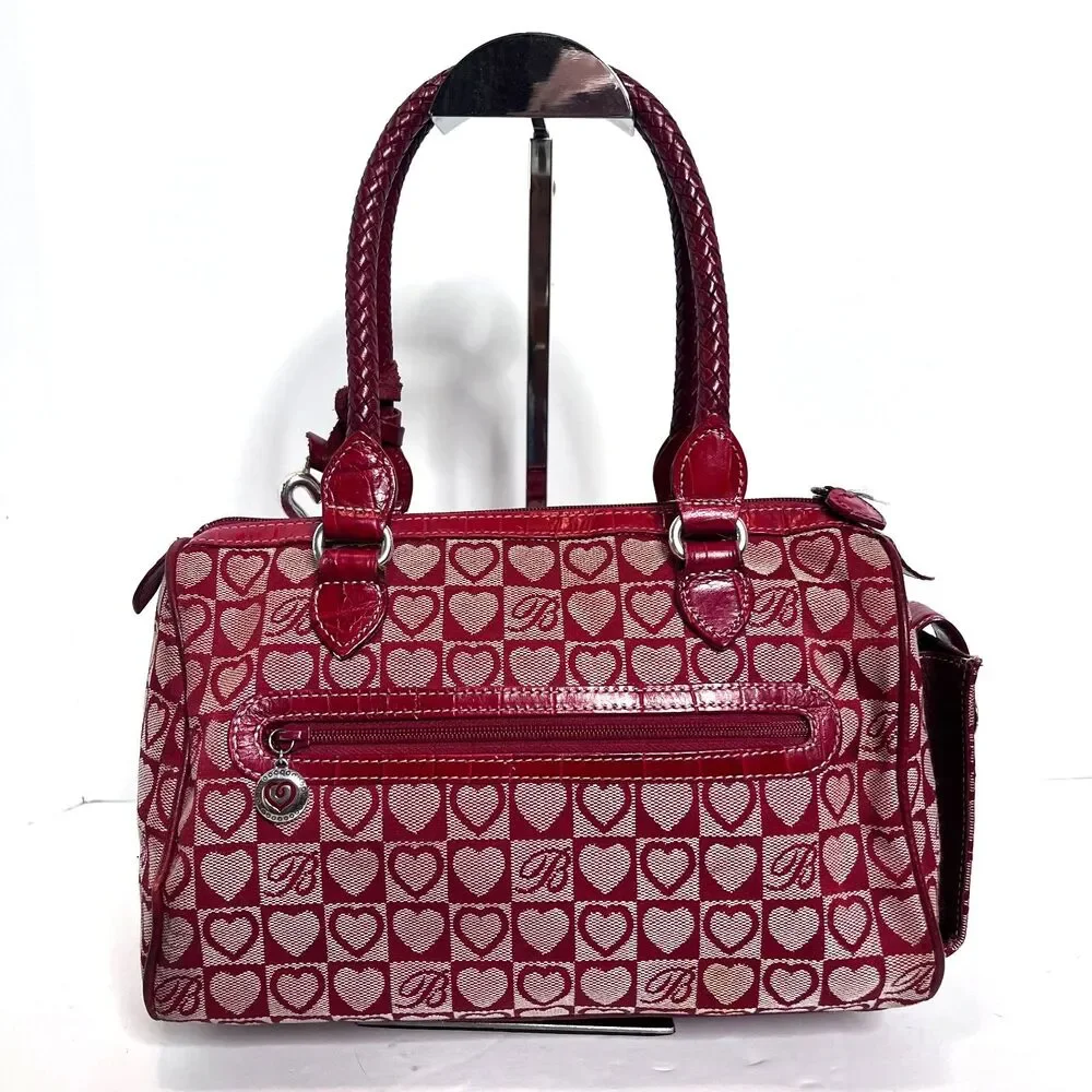 Brighton Red Heart Canvas & Croc Embossed Leather Vtg Satchel